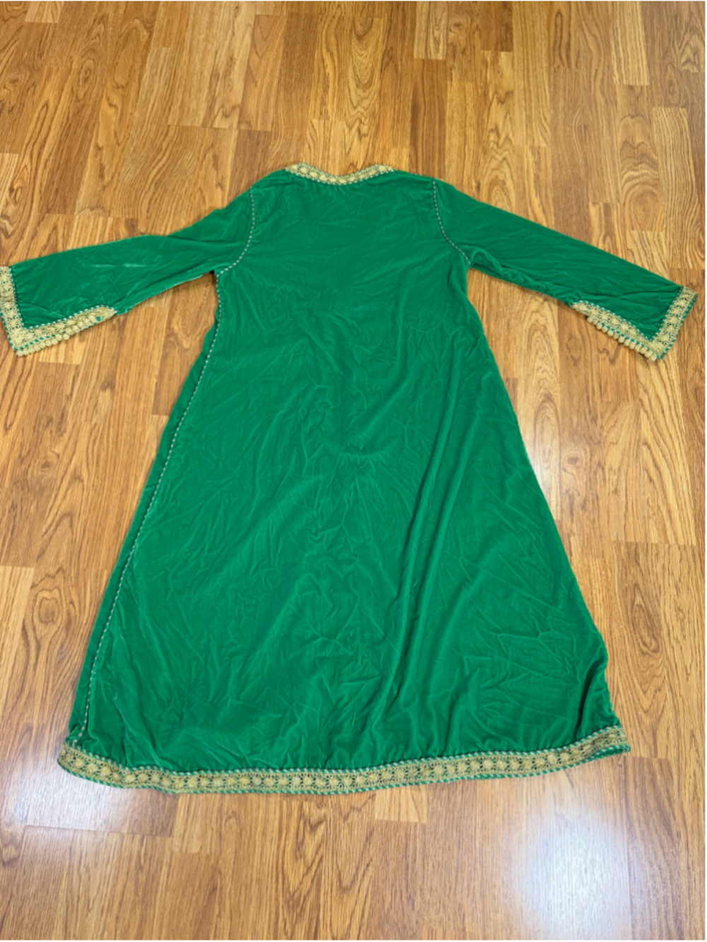 Emerald Green Velvet Kaftan Caftan Gold Metallic Trim Small - Picture 8 of 10
